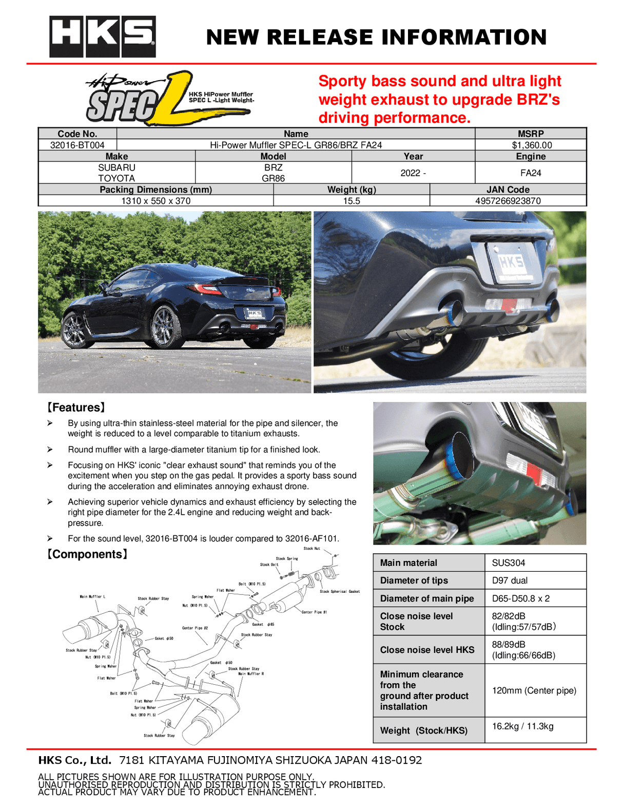 HKS 2022+ Subaru BRZ / Toyota GR86 Hi-Power Muffler SPEC-L