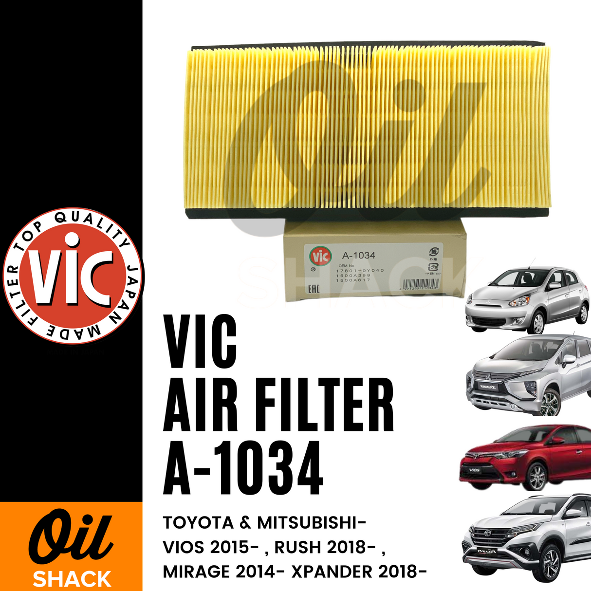 VIC A-1034 AIR FILTER (Toyota Vios 2015 -, Rush 2018 - , Mitsubishi Mirage 2014 -, Expander 2018 -)